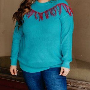 lucky and blessed sweater pink fringeNWT